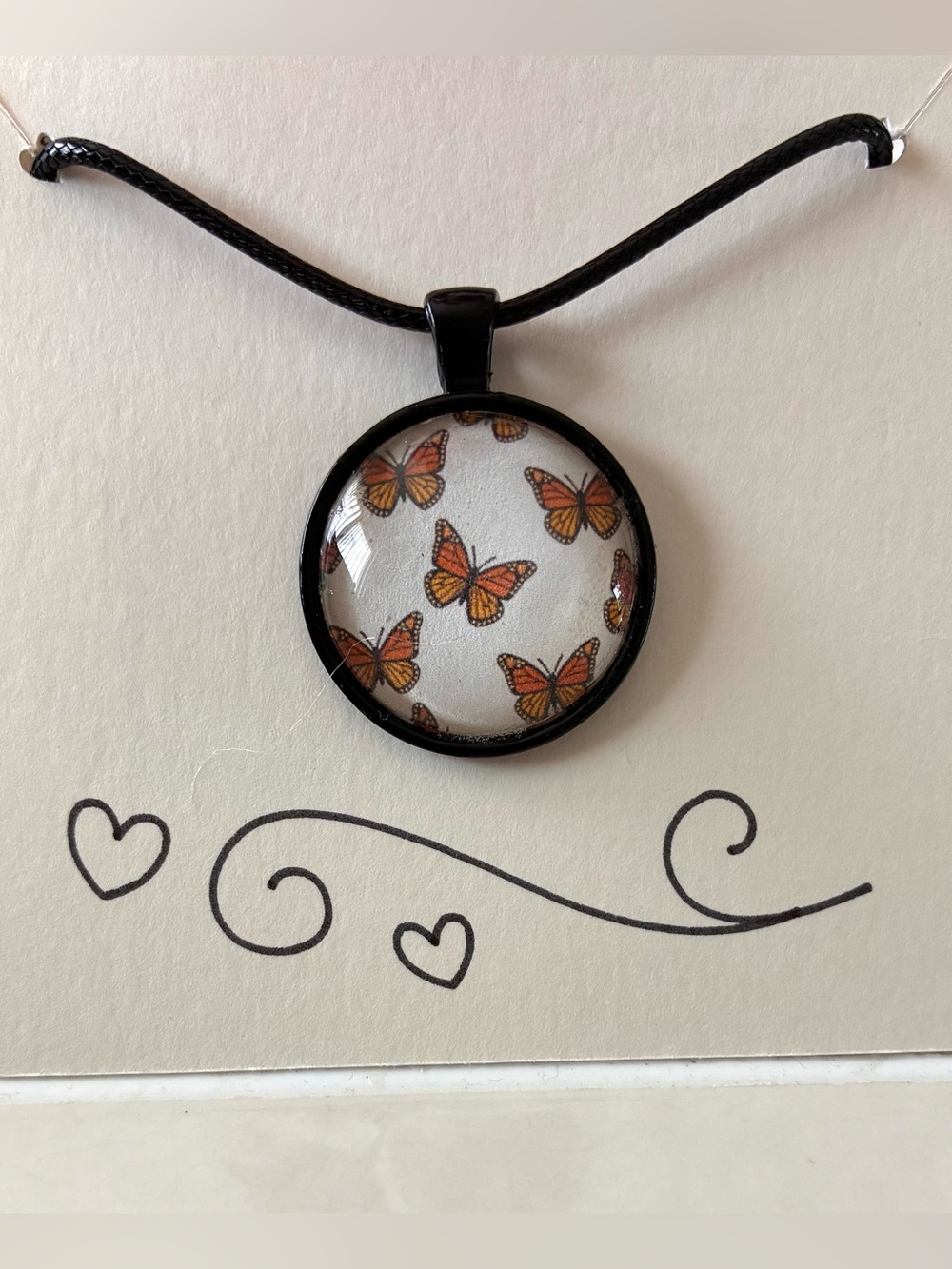 Handcrafted Butterfly Pendant Necklace - Black Cord, Orange Butterfly Design
